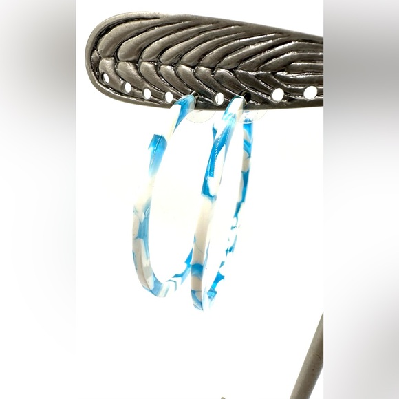 Turquoise Aqua & White Large Hoop Pierced Earrings-Retro Look! - Picture 4 of 10